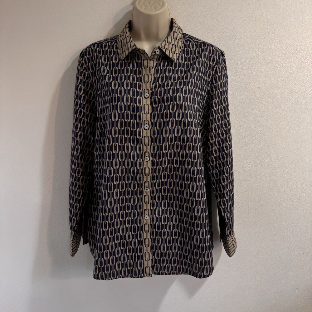 Foxcroft Shirt 14 Button Front Blue Brown Chain Link Pattern Cotton Stretch